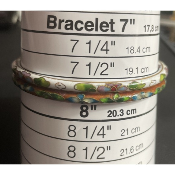 Vintage Cloisonne Floral Bangle Bracelet Set of 2 Enamel White Brown Gold Tone - Picture 13 of 14